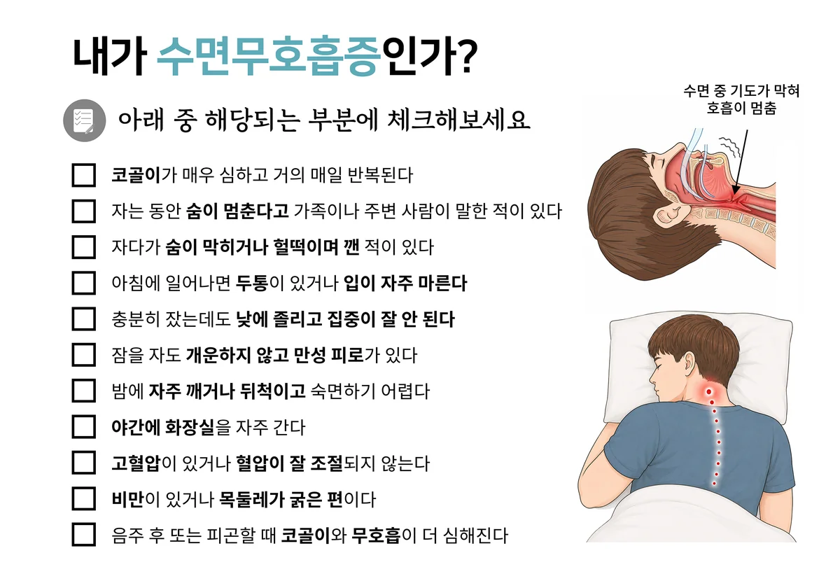 코골이·수면 중 호흡 멈춤·아침 두통·낮 졸림·야간 배뇨·고혈압·목둘레 등 수면무호흡에서 함께 확인하는 항목 11가지를 정리한 체크리스트