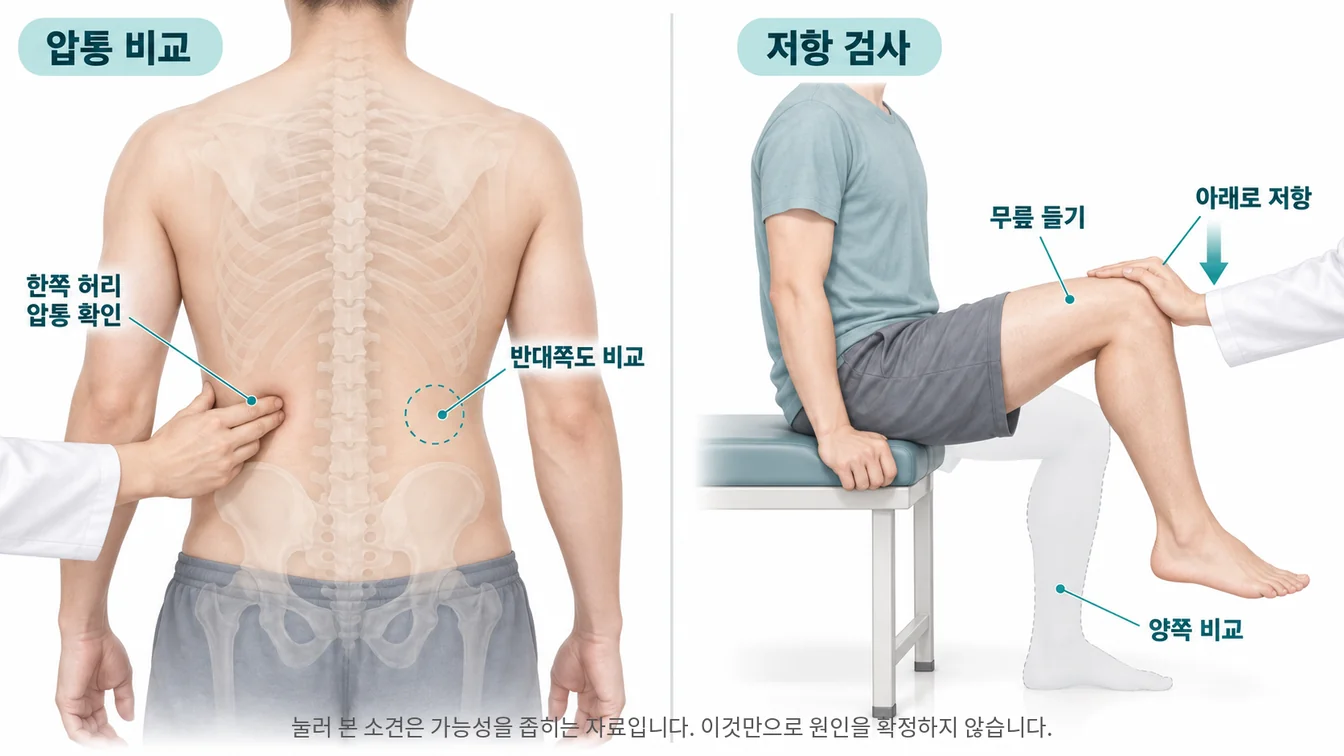 허리 같은 지점을 좌우로 나누어 눌러 비교하는 모습과, 앉아서 무릎을 들 때 저항을 주어 좌우 힘을 견주는 모습을 나란히 표시한 안내 그림