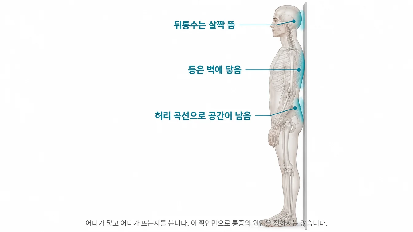 벽에 등을 대고 선 옆모습에서 뒤통수·등 위쪽·허리와 벽 사이의 접촉과 공간을 표시한 안내 그림