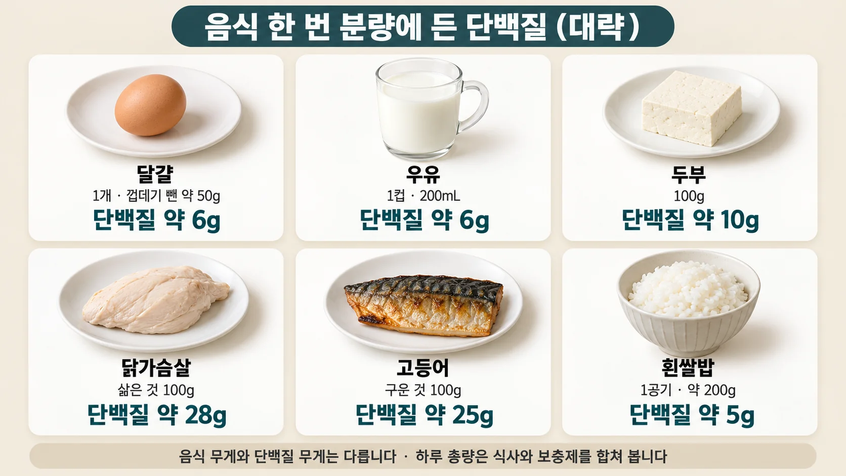 음식 한 번 분량에 든 단백질을 여섯 가지 음식으로 비교한 그림. 달걀 1개(껍데기 뺀 약 50g) 약 6g, 우유 1컵(200mL) 약 6g, 두부 100g 약 10g, 삶은 닭가슴살 100g 약 28g, 구운 고등어 100g 약 25g, 흰쌀밥 1공기(약 200g) 약 5g. 음식 무게와 단백질 무게는 다르며 하루 총량은 식사와 보충제를 합쳐 본다는 문구가 있다.