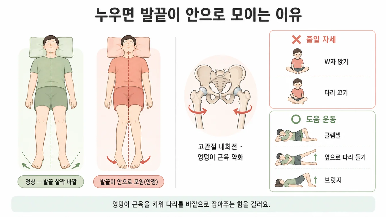 누웠을 때 발끝이 안으로 모이는 고관절 내회전과 둔근 강화 안내