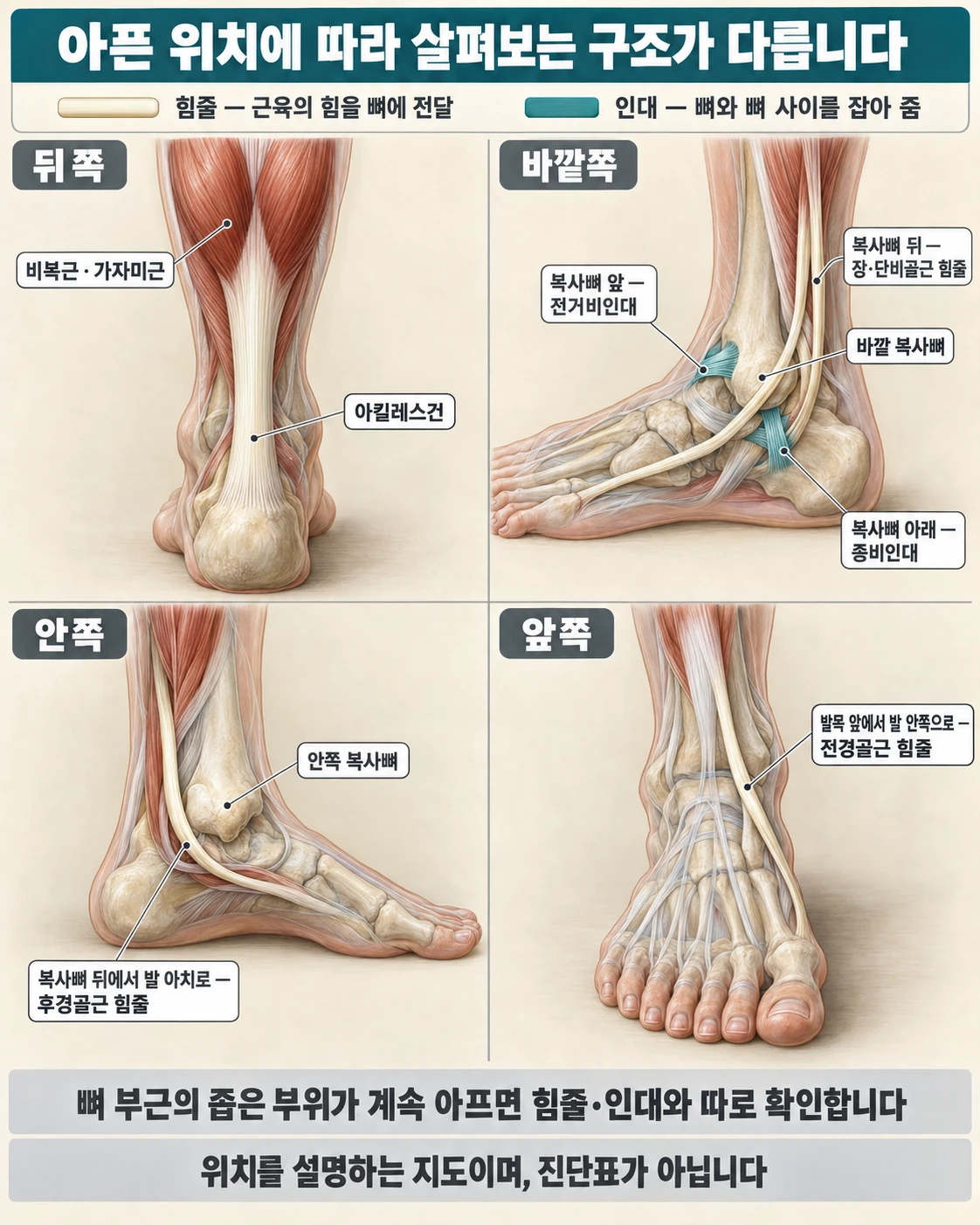 발목의 뒤쪽 아킬레스건과 종아리 근육, 바깥쪽 비골근 힘줄과 전거비인대·종비인대, 안쪽 후경골근 힘줄, 앞쪽 전경골근 힘줄을 네 방향으로 나누어 표시한 그림