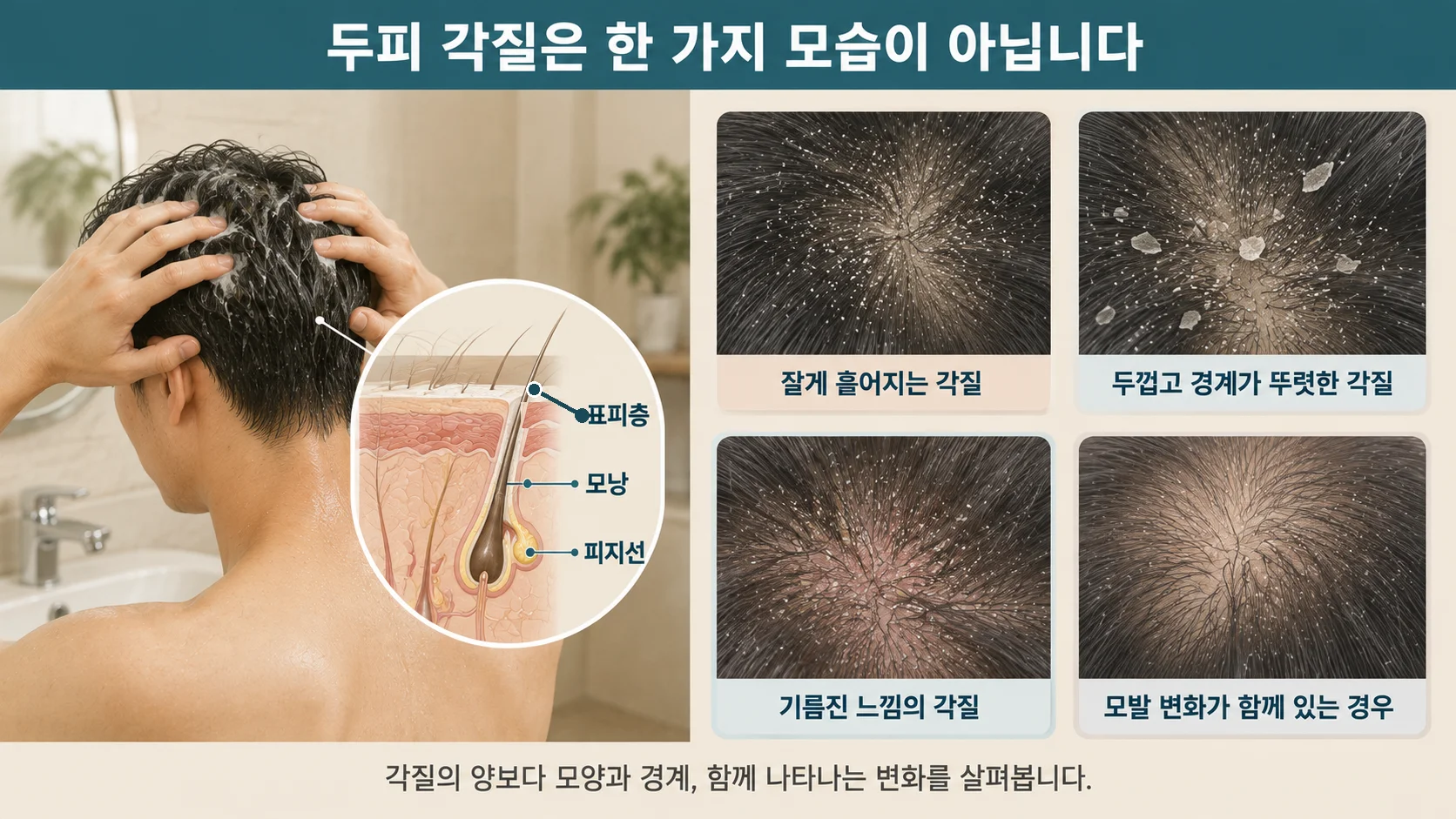 두피 각질이 나타나는 여러 양상과 두피 단면의 표피층·모낭·피지선을 함께 표시한 안내 그림