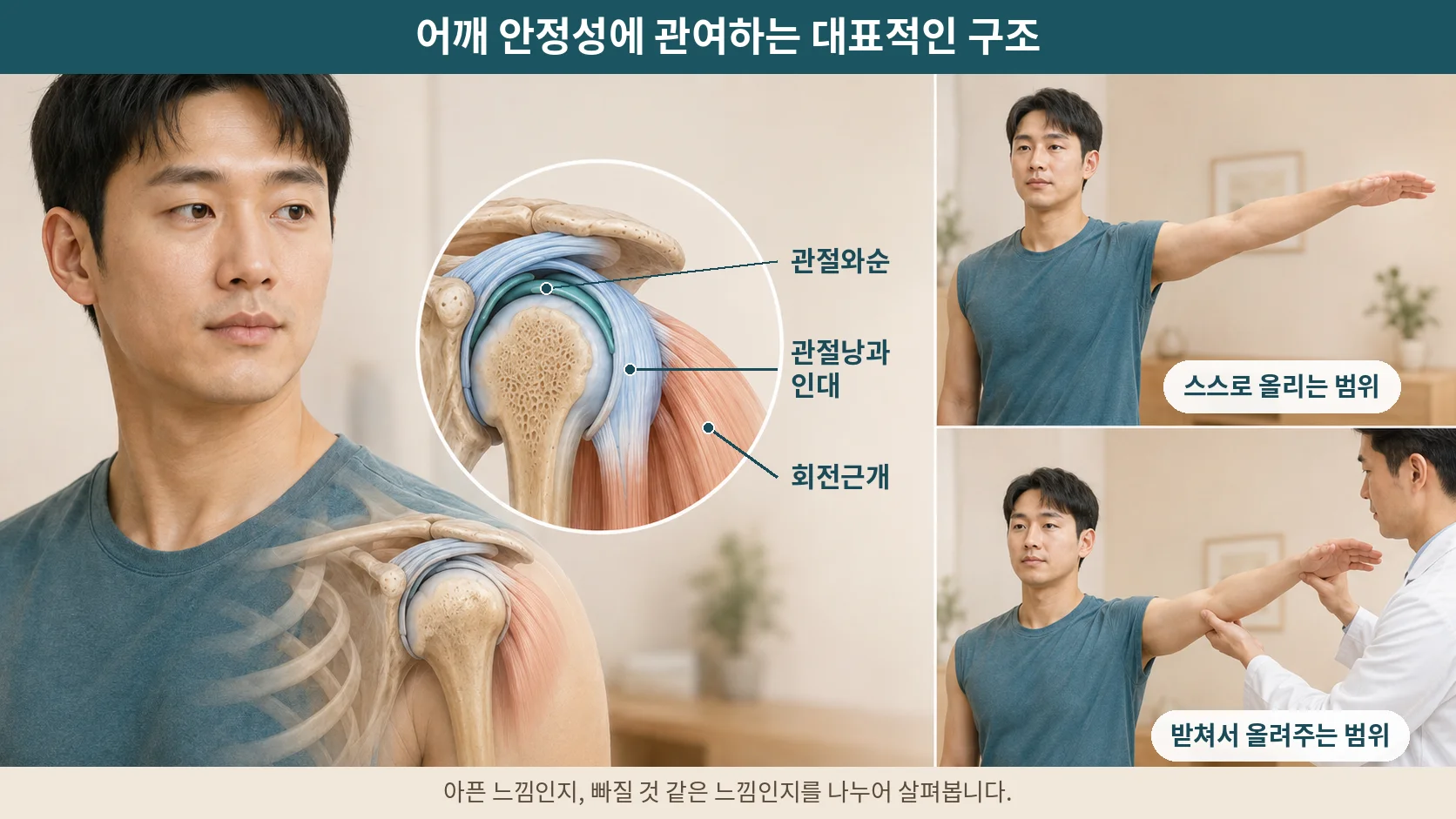 어깨 안정성에 관여하는 관절와순·관절낭과 인대·회전근개 구조와, 스스로 올리는 범위와 받쳐서 올려주는 범위를 비교한 안내 그림