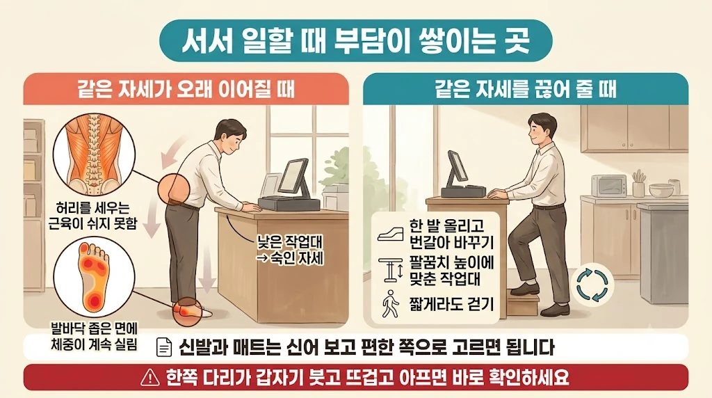서서 같은 자세를 오래 유지하는 경우와 발 받침·작업대 조정·짧은 걷기로 자세를 바꾸는 경우를 비교한 그림