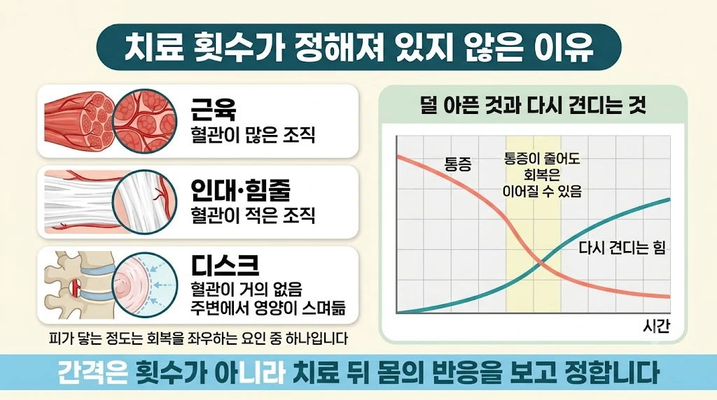 근육·인대와 힘줄·디스크의 차이와, 통증이 줄어드는 것과 다시 견디는 힘을 함께 나타낸 개념도