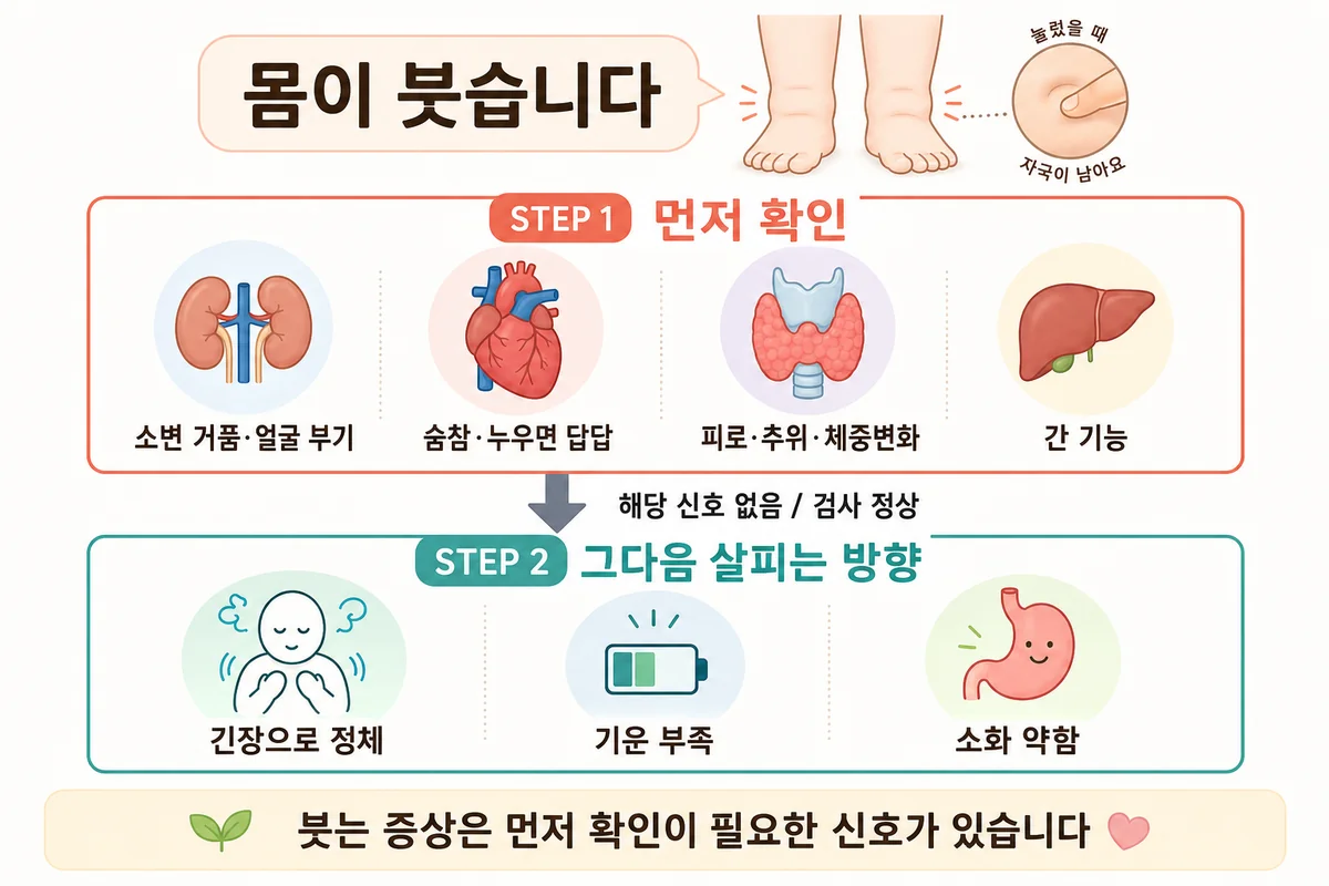 전신 부종에서 신장·심장·갑상선·간을 먼저 선별한 뒤 한의학적 유형을 나누는 2단계 흐름도
