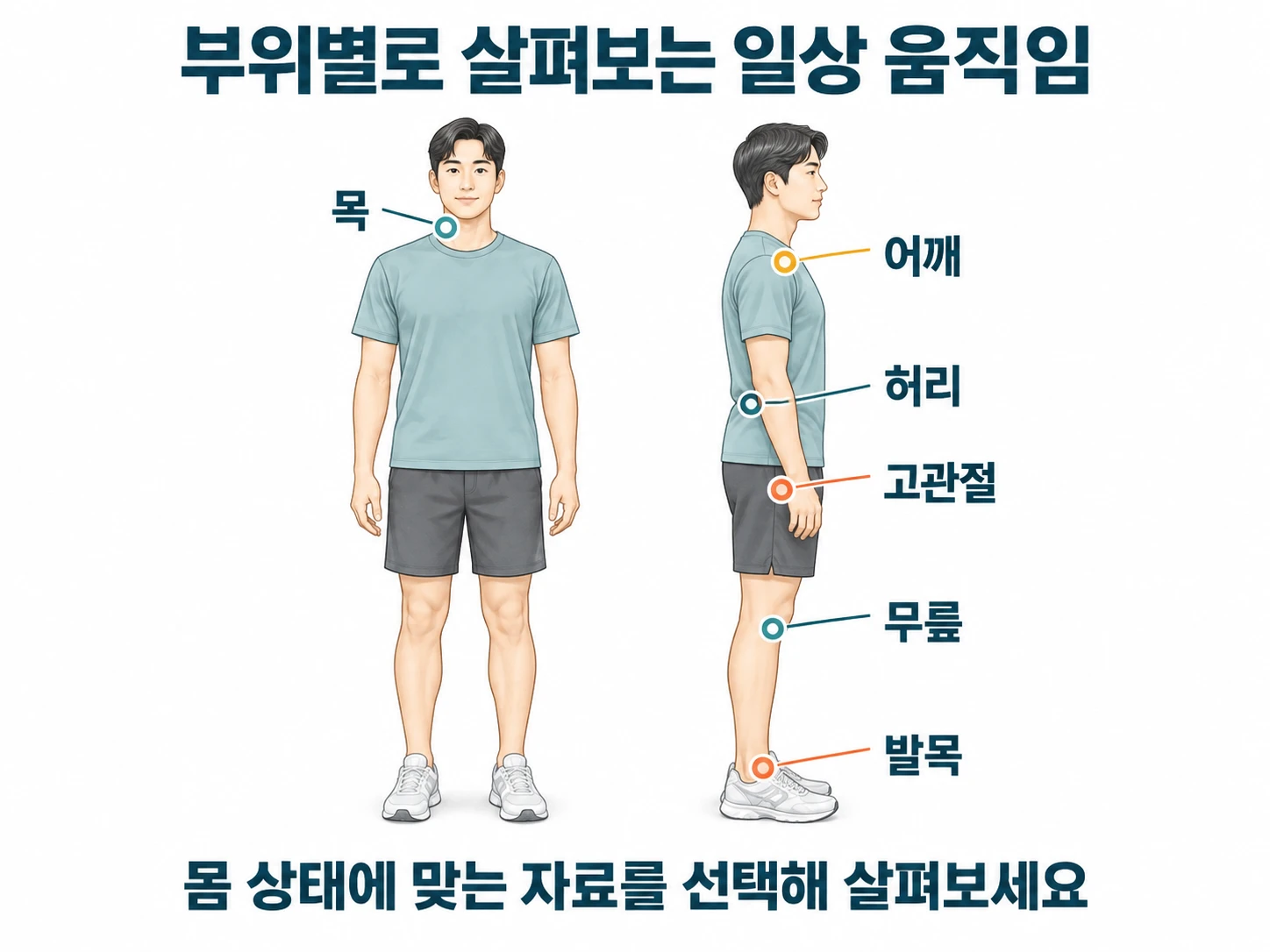 사람의 앞모습과 옆모습에 목·어깨·허리·고관절·무릎·발목의 위치를 표시한 그림