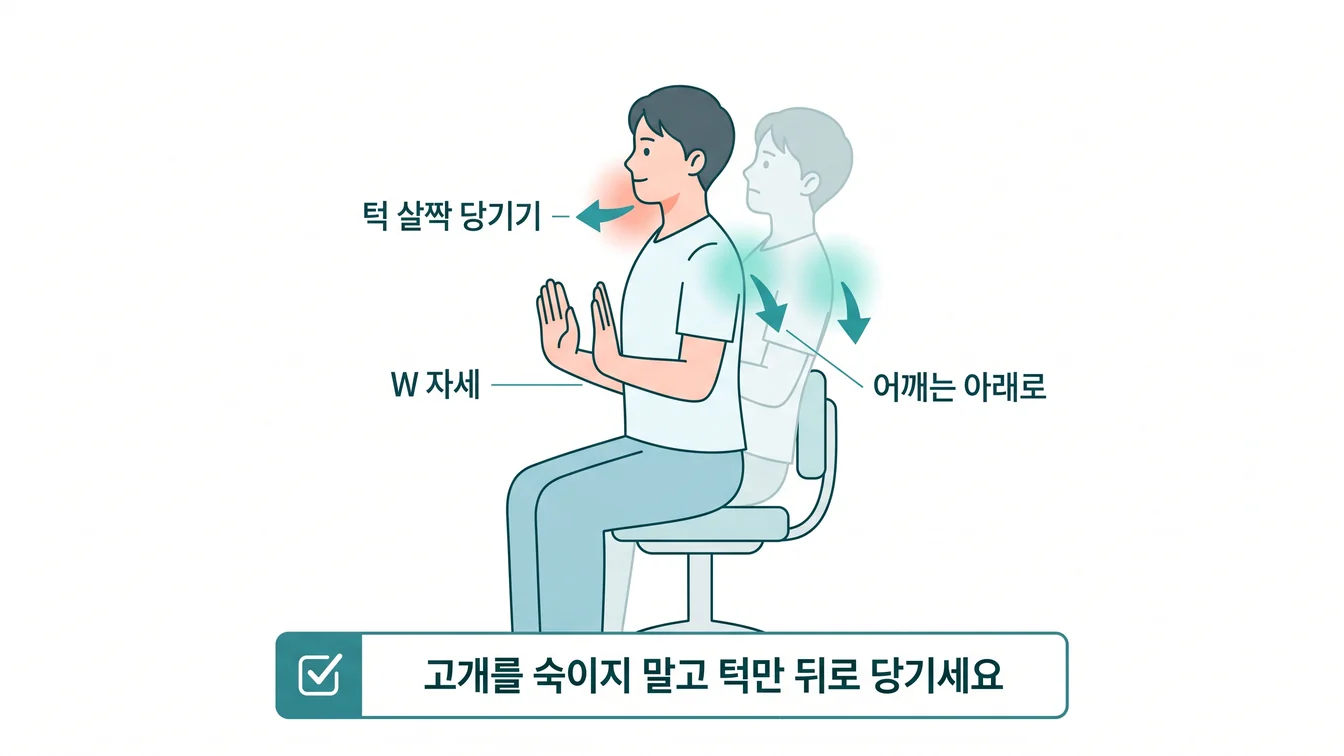 Chin Tuck + W 자세 안내 일러스트