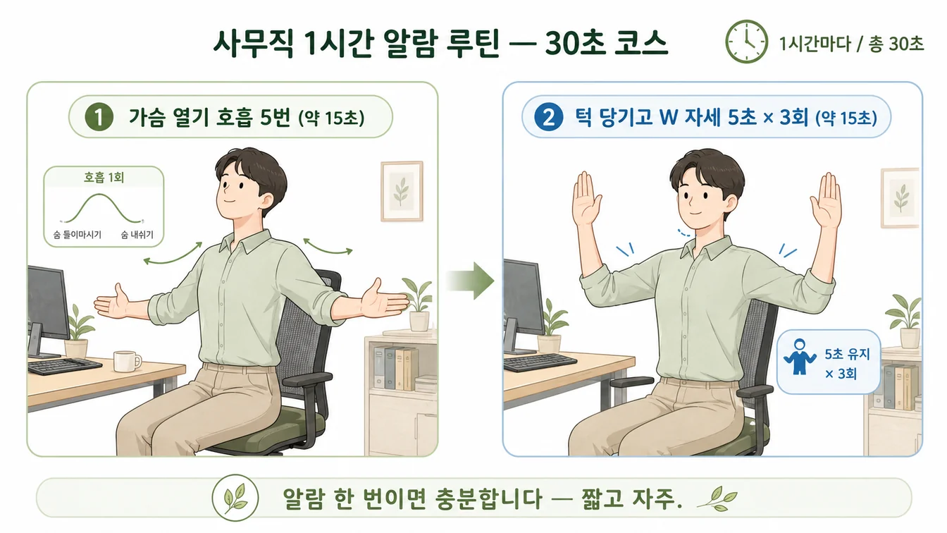 사무직 1시간 알람 루틴 시나리오 안내 일러스트