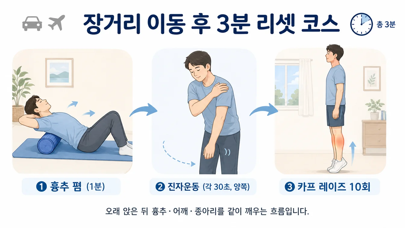 장거리 운전·비행 후 3분 코스 시나리오 안내 일러스트