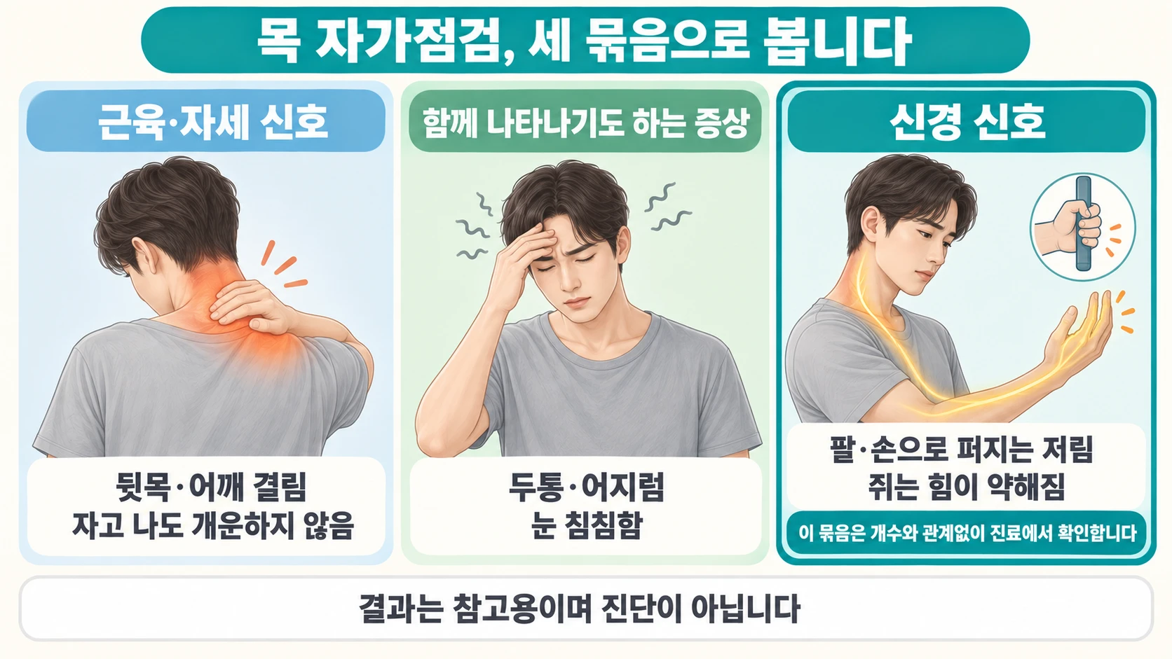 목의 근육·자세 신호, 함께 나타나는 증상, 팔·손의 저림과 쥐는 힘 변화 등 신경 신호를 세 묶음으로 정리한 그림