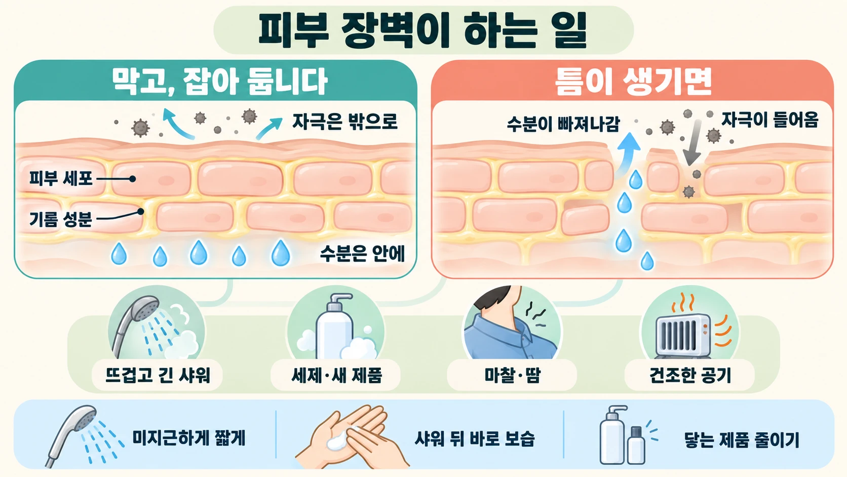 피부 장벽이 수분을 잡고 외부 자극을 막는 역할과, 장벽이 약해졌을 때의 변화 및 샤워·보습·제품 관리 요령을 표현한 그림